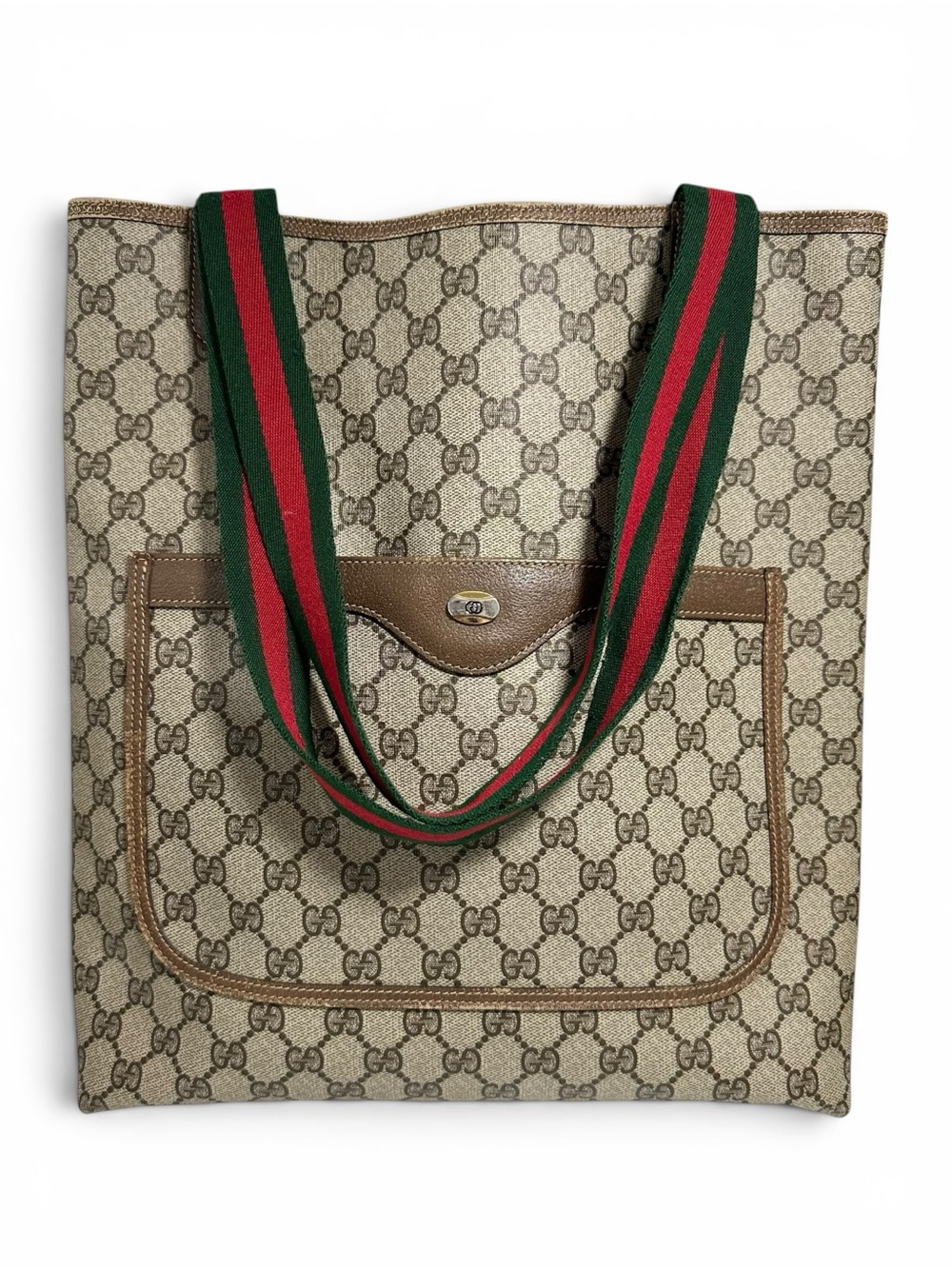 Gucci GG Supreme Canvas & Brown Leather Red Green Sherry Stripe Vintage Tote Bag